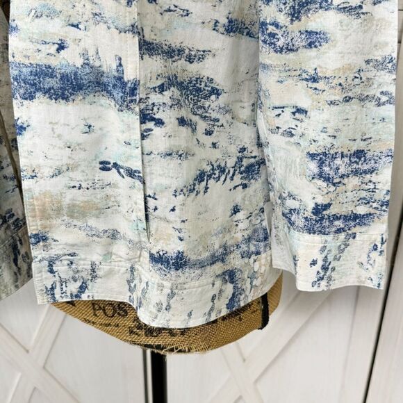 Chico’s Watercolor Linen Blend Open Front Topper Jacket White Blue Small - Picture 6 of 14